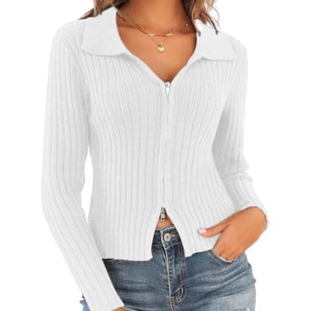 Cardigan Sweater White Polo Collared Rib Knit Zip Front Collared Large